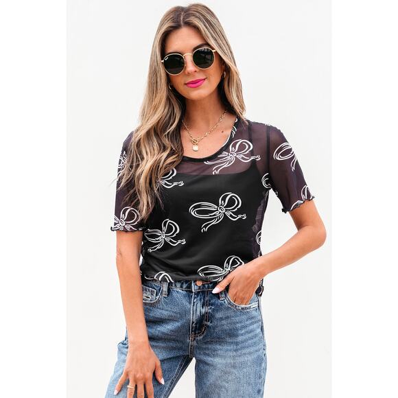 Black Round Neck Bow Print Short  Sleeve Mesh Top New Sizes S M L XL - Picture 8 of 9